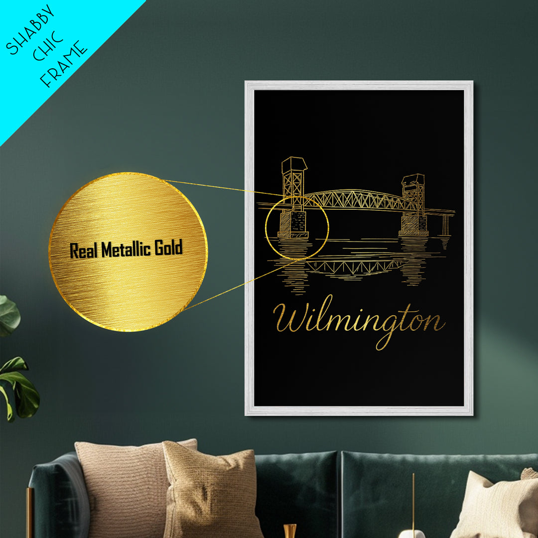 Wilmington Delaware Art, Metallic Gold Art, Wood Framed Art, Metal Art, Minimalist Wall Art, Honeymoon Gift, Living Room Decor