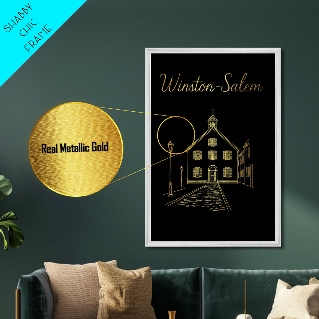Winston Salem North Carolina Travel, Metallic Gold Print, Wood Framed Art, Metal Art, Modern House Art, Wanderlust Gift, Bedroom Decor