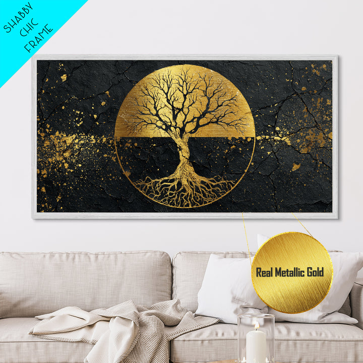 Mystical Roots Tree Metallic Gold Art, Sacred Nature Symbol Metal Print, Real Wood Frame Wall Décor, Spiritual Mythical Decorative Artwork