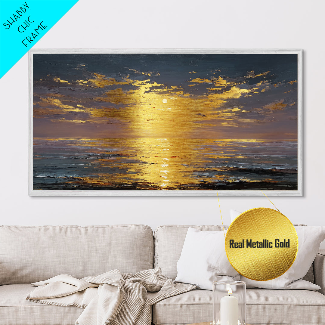 Ocean Sunset Metallic Gold Metal Print, Radiant Sunlight Over Waves Artwork, Real Wood Frame Wall Décor, Coastal Seascape Glow Art