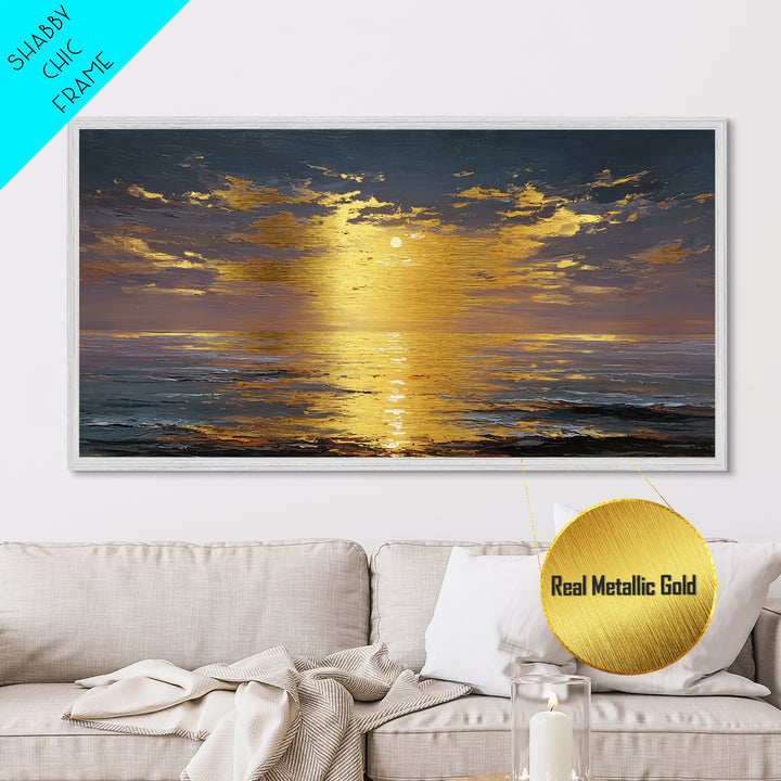 Ocean Sunset Metallic Gold Metal Print, Radiant Sunlight Over Waves Artwork, Real Wood Frame Wall Décor, Coastal Seascape Glow Art