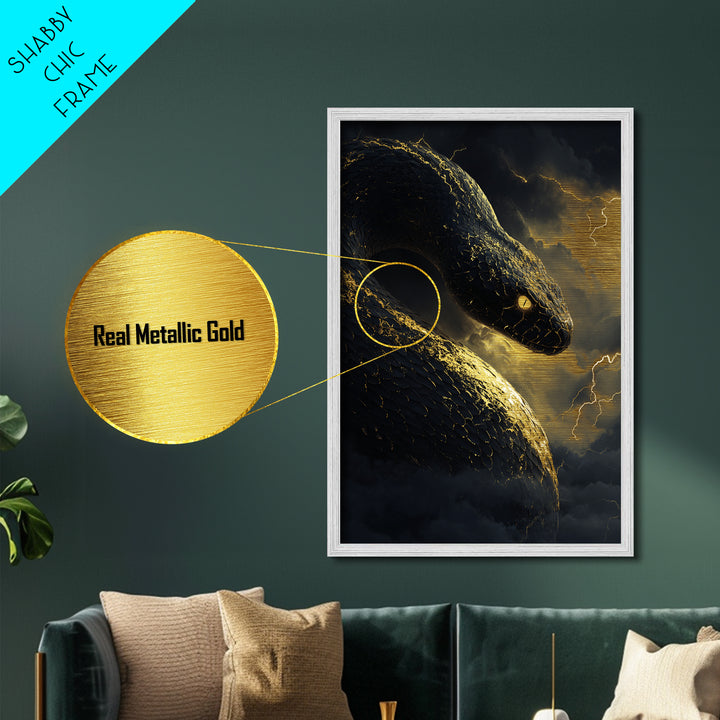 Mythical Serpent Metallic Gold Art, Norse Jormungandr Snake Metal Print, Real Wood Frame Wall Décor, Fantasy Mythology Creature Artwork