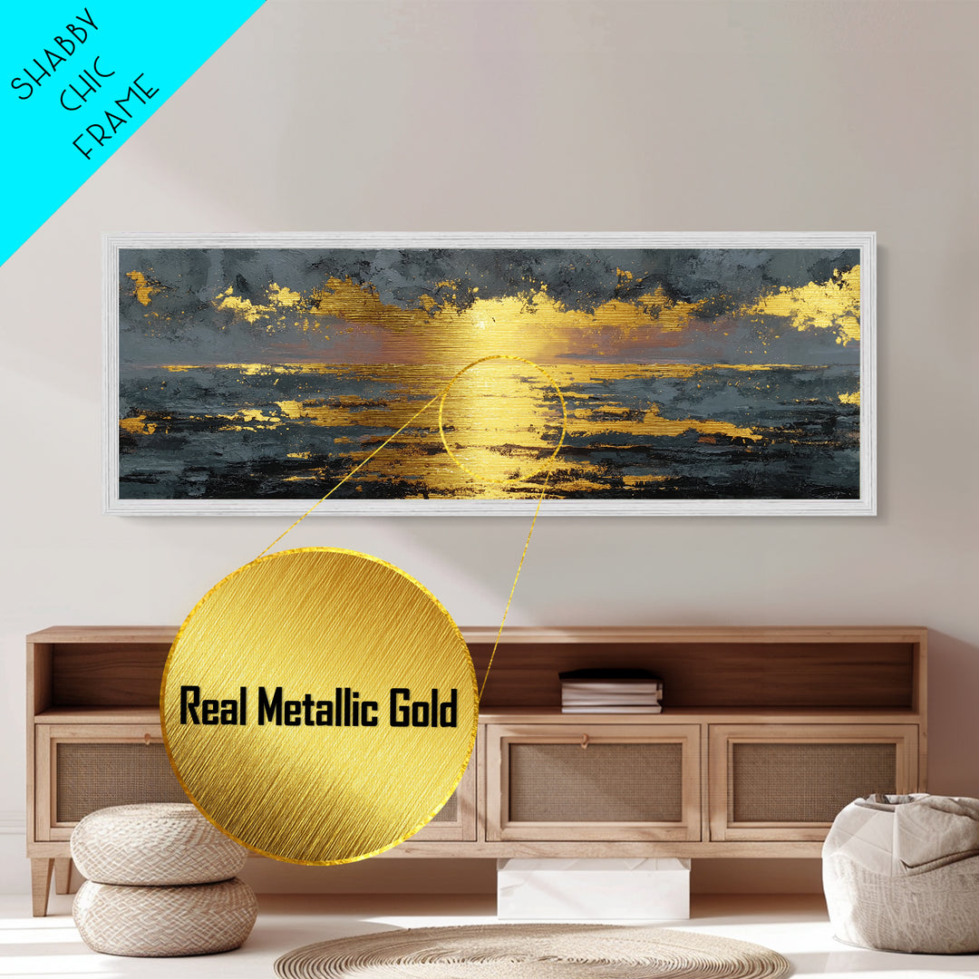 Ocean Sunset Metallic Gold Metal Print, Glowing Sun Over Waves Wall Art, Modern Coastal Seascape Artwork With Real Wood Frame