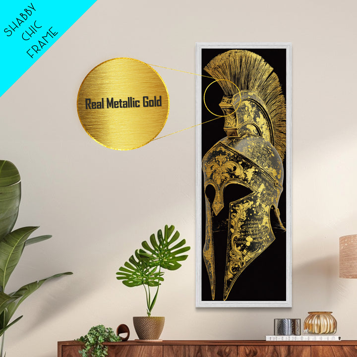 Golden Spartan Helmet - Sparta Wall Art - Metallic Gold Decor - Metallic Wall Art - Metallic Gold Spartan Painting - Wood Framed Mancave Art