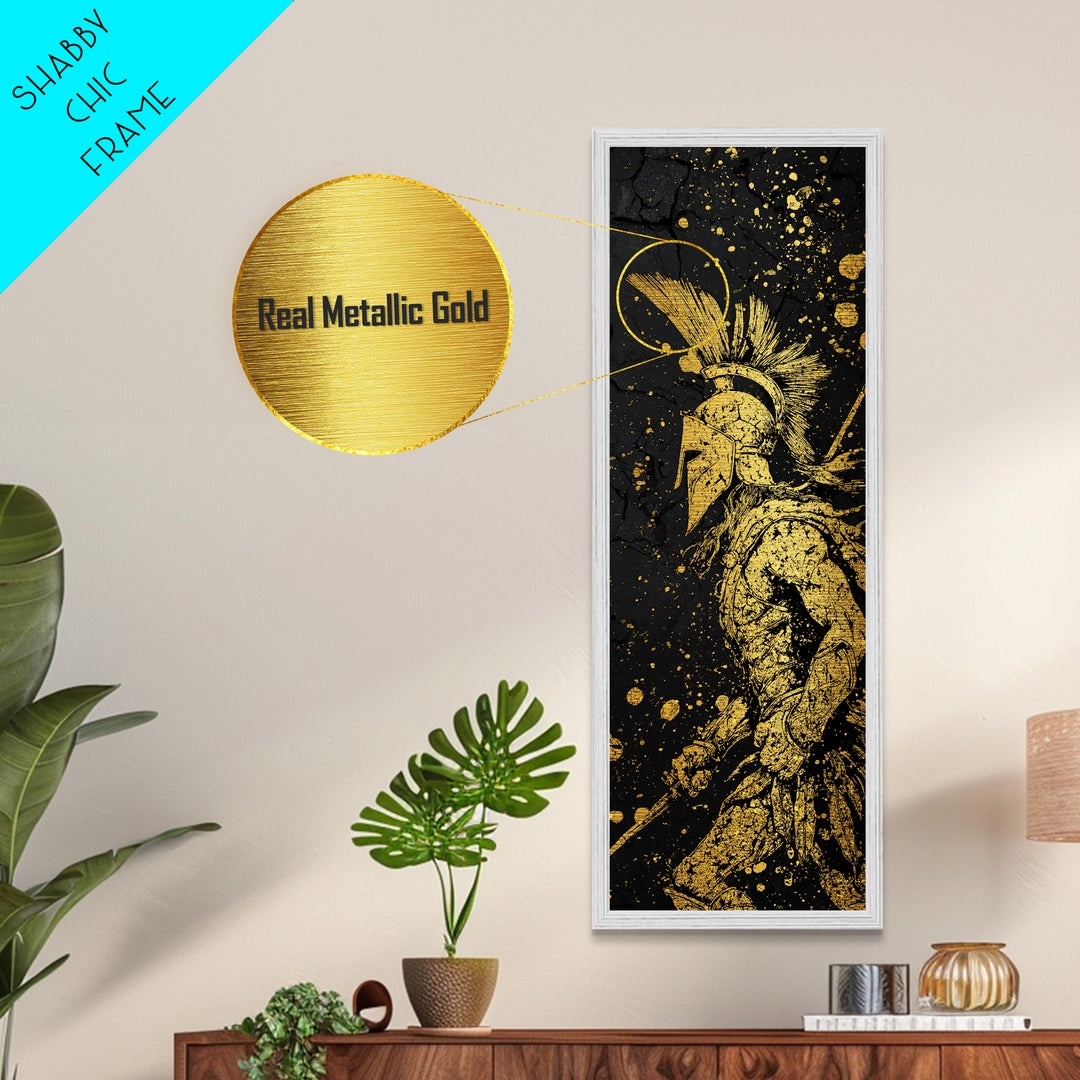 Spartan Warrior Helmet Illustration, Metallic Gold Metal Print, Ancient Greek Soldier Wall Art, Real Wood Frame Decor