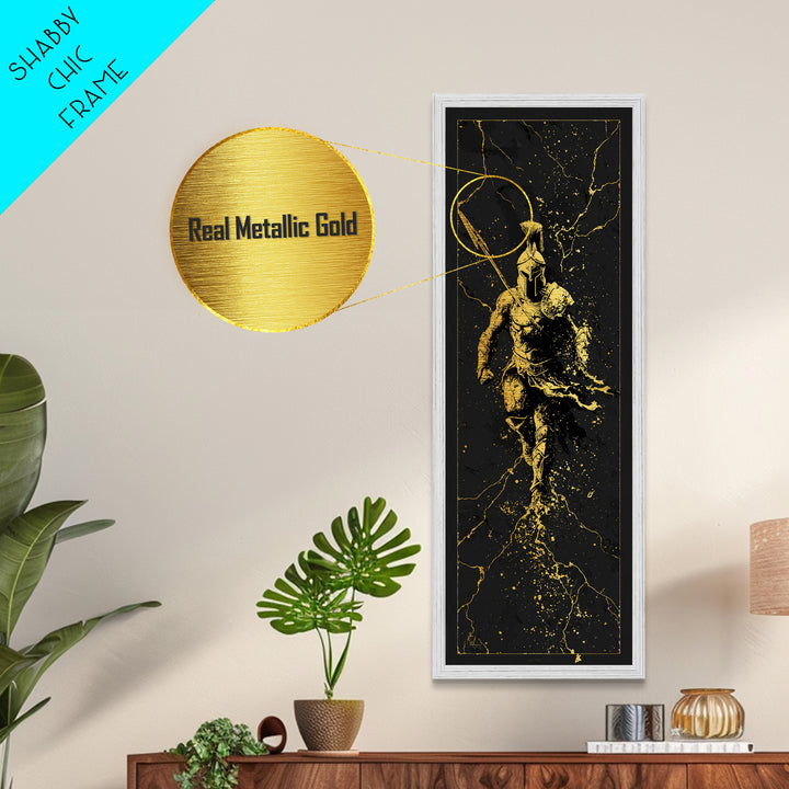 Ancient Spartan Soldier Running, Metallic Gold Metal Print, Greek Warrior Helmet Wall Art, Real Wood Frame Decor