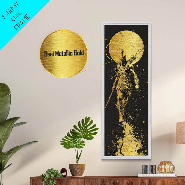 Spartan Warrior Under Full Moon, Metallic Gold Metal Print, Ancient Greek Soldier Wall Art, Real Wood Frame Decor