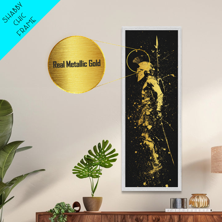 Greek Spartan Warrior With Spear, Metallic Gold Metal Print, Ancient Soldier Helmet Wall Art, Real Wood Frame Decor