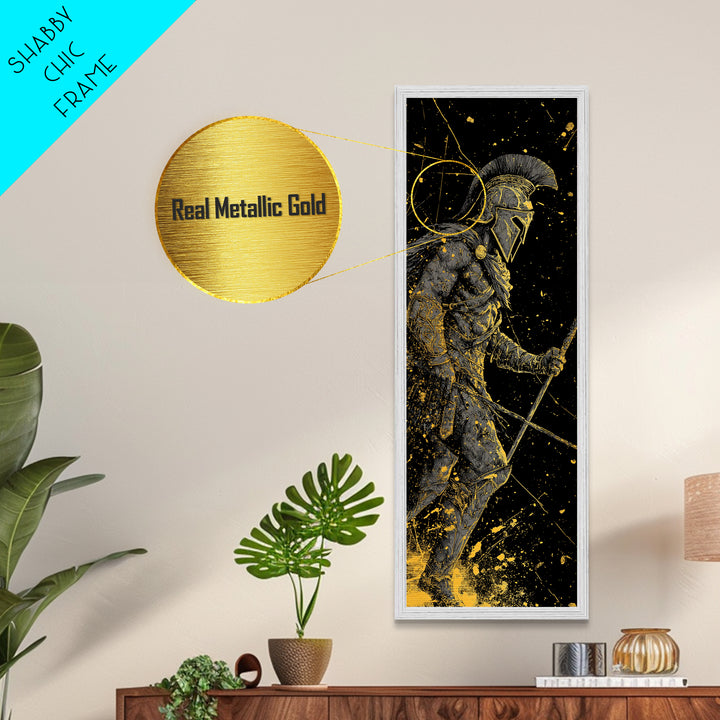 Ancient Greek Spartan Fighter, Metallic Gold Metal Print, Warrior Helmet Spear Wall Art, Real Wood Frame Decor