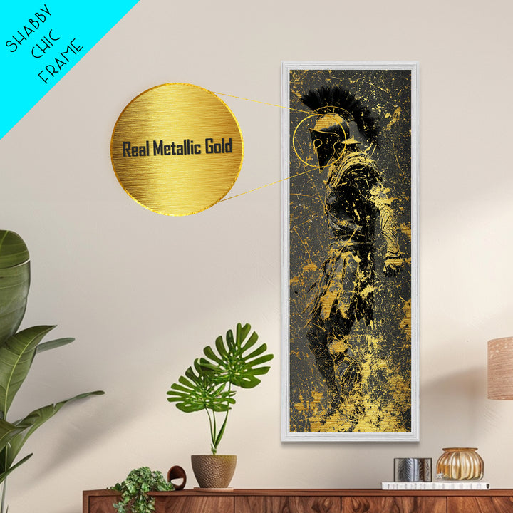 Greek Spartan Warrior Splatter Effect, Metallic Gold Metal Print, Ancient Warrior Wall Art, Real Wood Frame Decor
