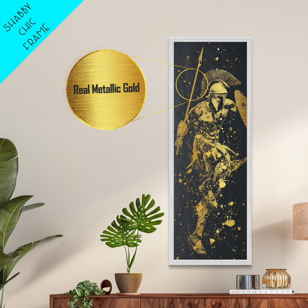 Spartan Warrior With Spear And Shield, Metallic Gold Metal Print, Ancient Greek Soldier Wall Art, Real Wood Frame Decor