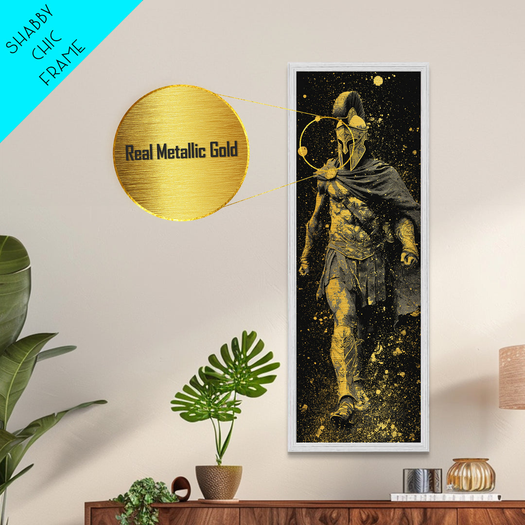 Greek Spartan Warrior In Cloak, Metallic Gold Metal Print, Ancient Helmet Warrior Wall Art, Real Wood Frame Home Decor