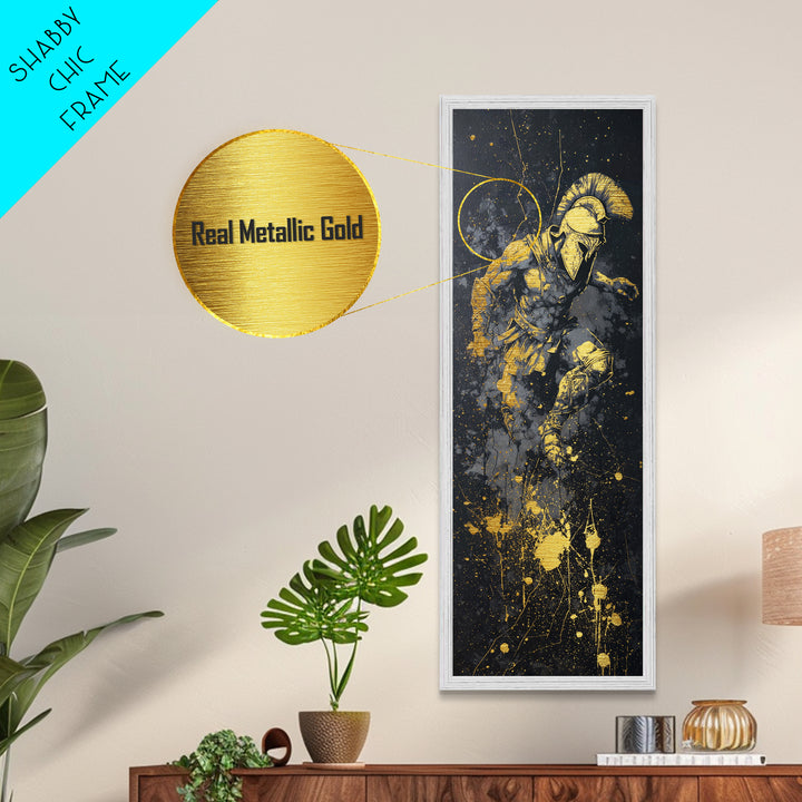 Ancient Spartan Warrior In Battle Pose, Metallic Gold Metal Print, Greek Soldier Helmet Wall Art, Real Wood Frame Decor