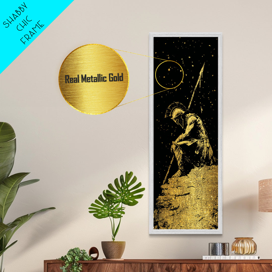 Spartan Warrior Kneeling With Spear, Metallic Gold Metal Print, Ancient Greek Soldier Wall Art, Real Wood Frame Decor