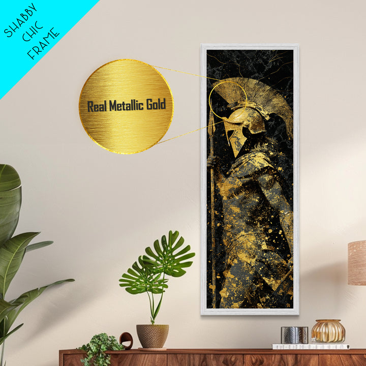Greek Spartan Warrior Holding Spear, Metallic Gold Metal Print, Ancient Helmet Warrior Wall Art, Real Wood Frame Decor