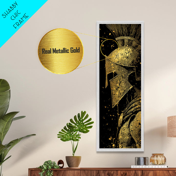 Spartan Helmet Close Up Artwork, Metallic Gold Metal Print, Ancient Greek Warrior Wall Art, Real Wood Frame Decor