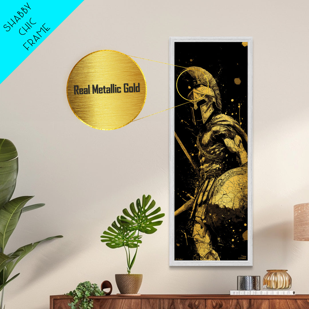 Ancient Spartan Warrior With Shield, Metallic Gold Metal Print, Greek Soldier Helmet Wall Art, Real Wood Frame Decor