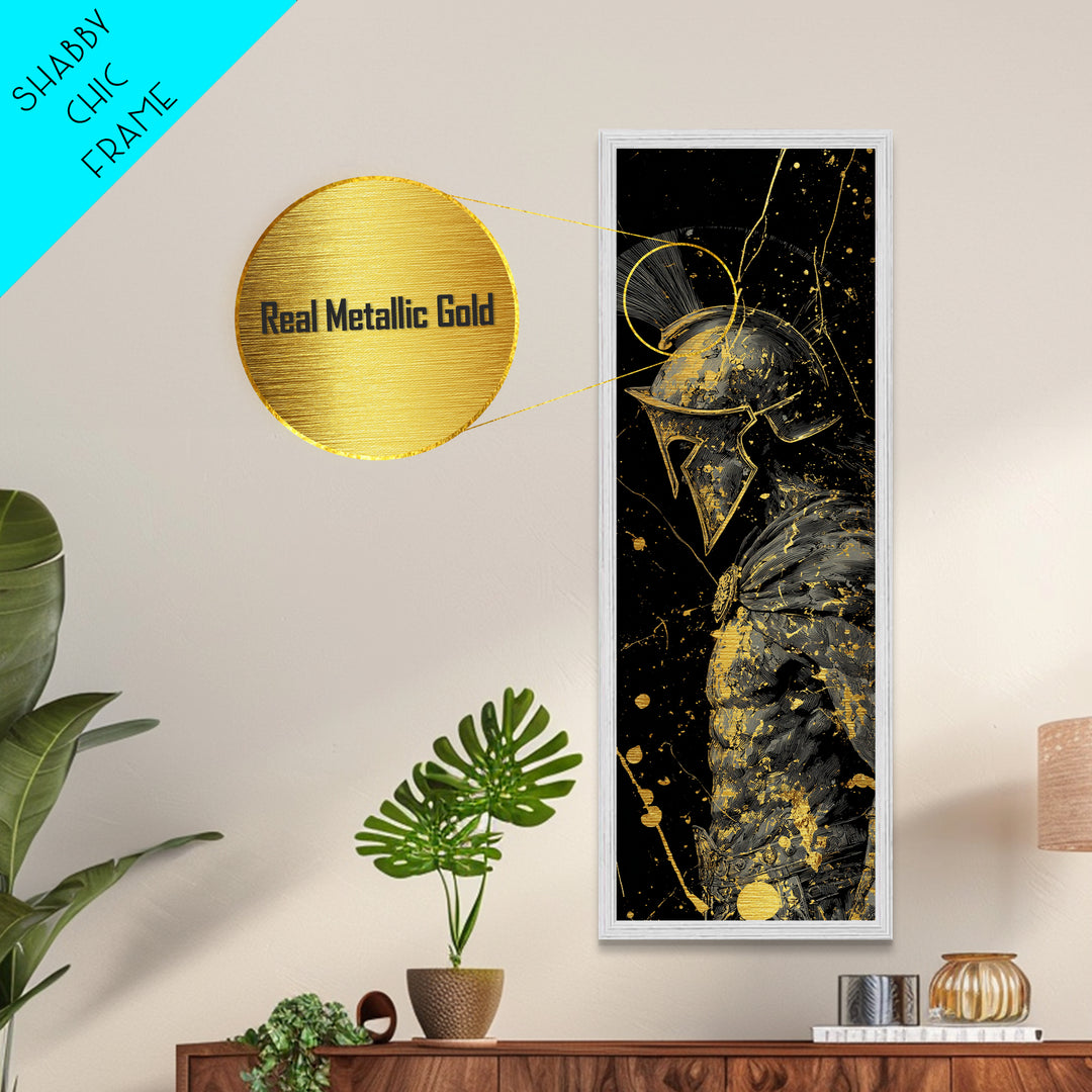 Greek Spartan Warrior In Splatter Style, Metallic Gold Metal Print, Ancient Warrior Helmet Wall Art, Real Wood Frame Decor