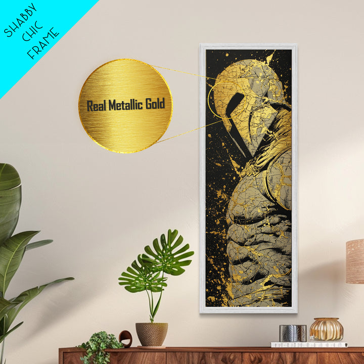 Ancient Spartan Helmet Detailed Artwork, Metallic Gold Metal Print, Greek Warrior Wall Art, Real Wood Frame Decor