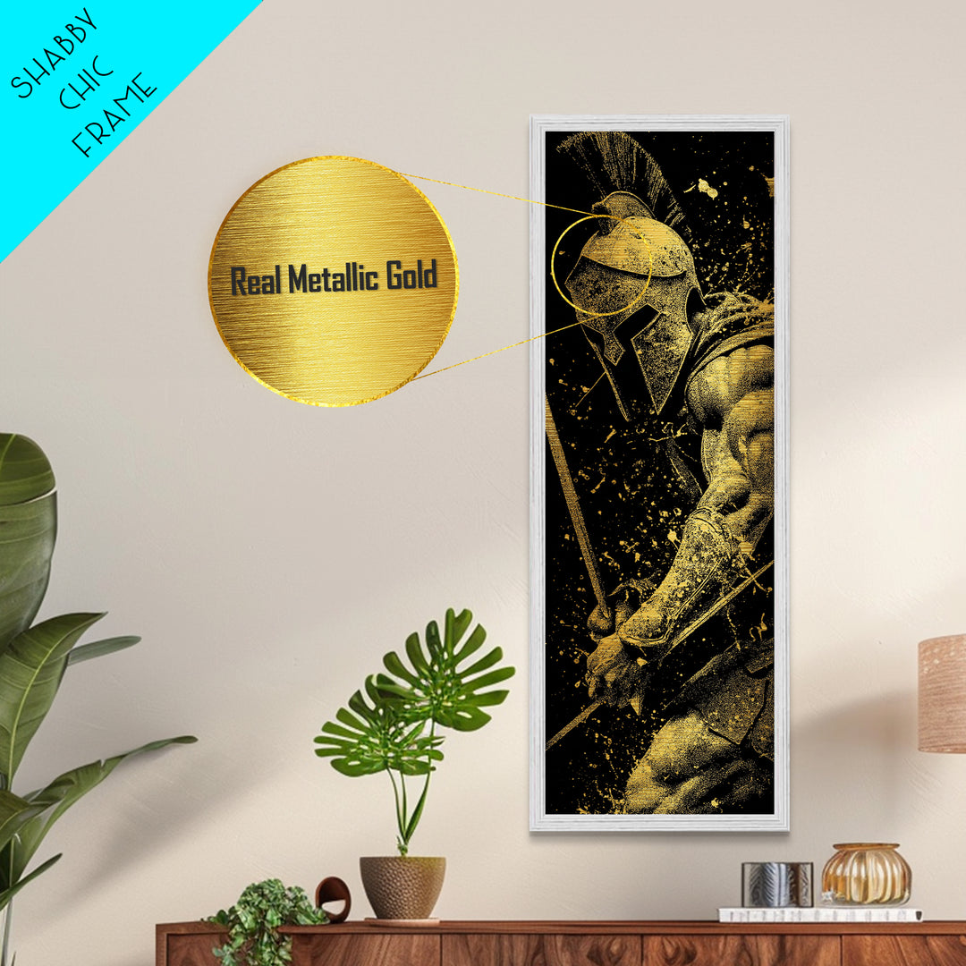 Spartan Warrior With Sword, Metallic Gold Metal Print, Greek Mythology Wall Art, Real Wood Frame Decor, Ancient Battle Artwork