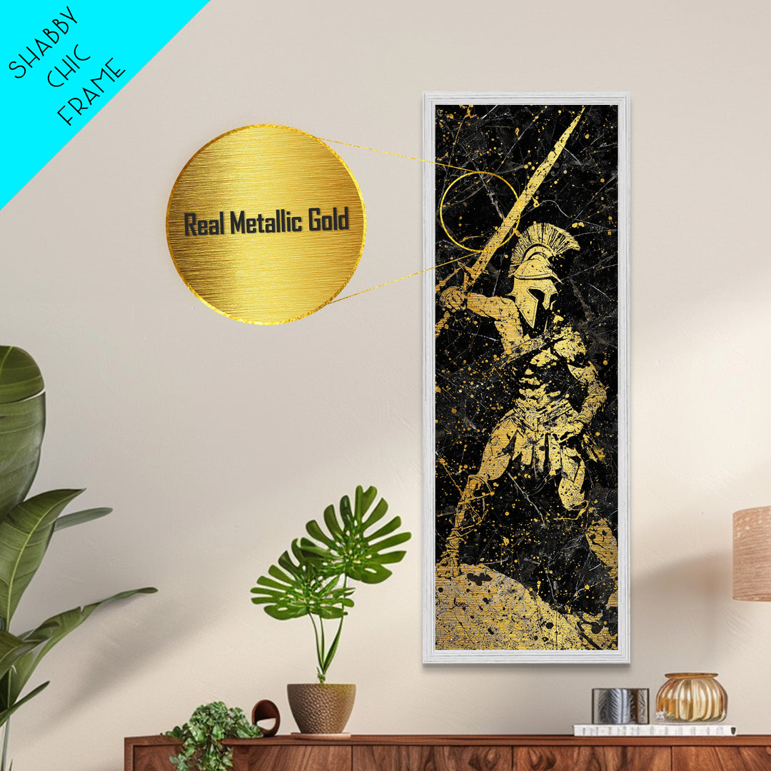 Greek Hoplite With Spear, Metallic Gold Art, Spartan Warrior Wall Decor, Real Wood Frame Metal Print, Historical Military Artwork