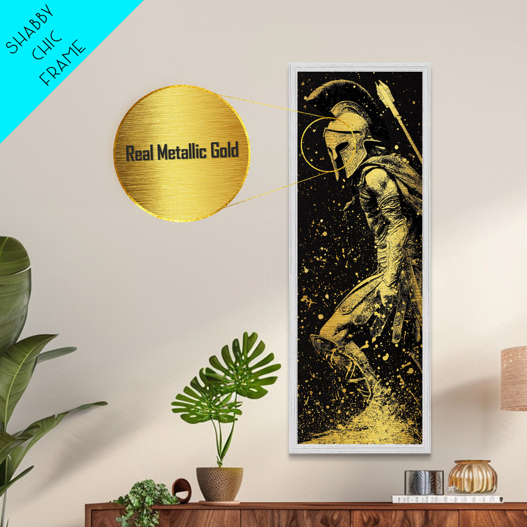 Greek Spartan Standing Strong, Metallic Gold Metal Print, Warrior Soldier Wall Art, Real Wood Frame Home Decor, Ancient Hero Artwork
