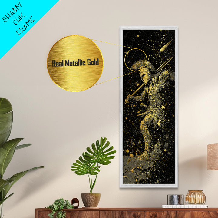 Ancient Spartan In Battle, Metallic Gold Art, Warrior With Spear Wall Print, Real Wood Frame Decor, Greek Mythology Artwork
