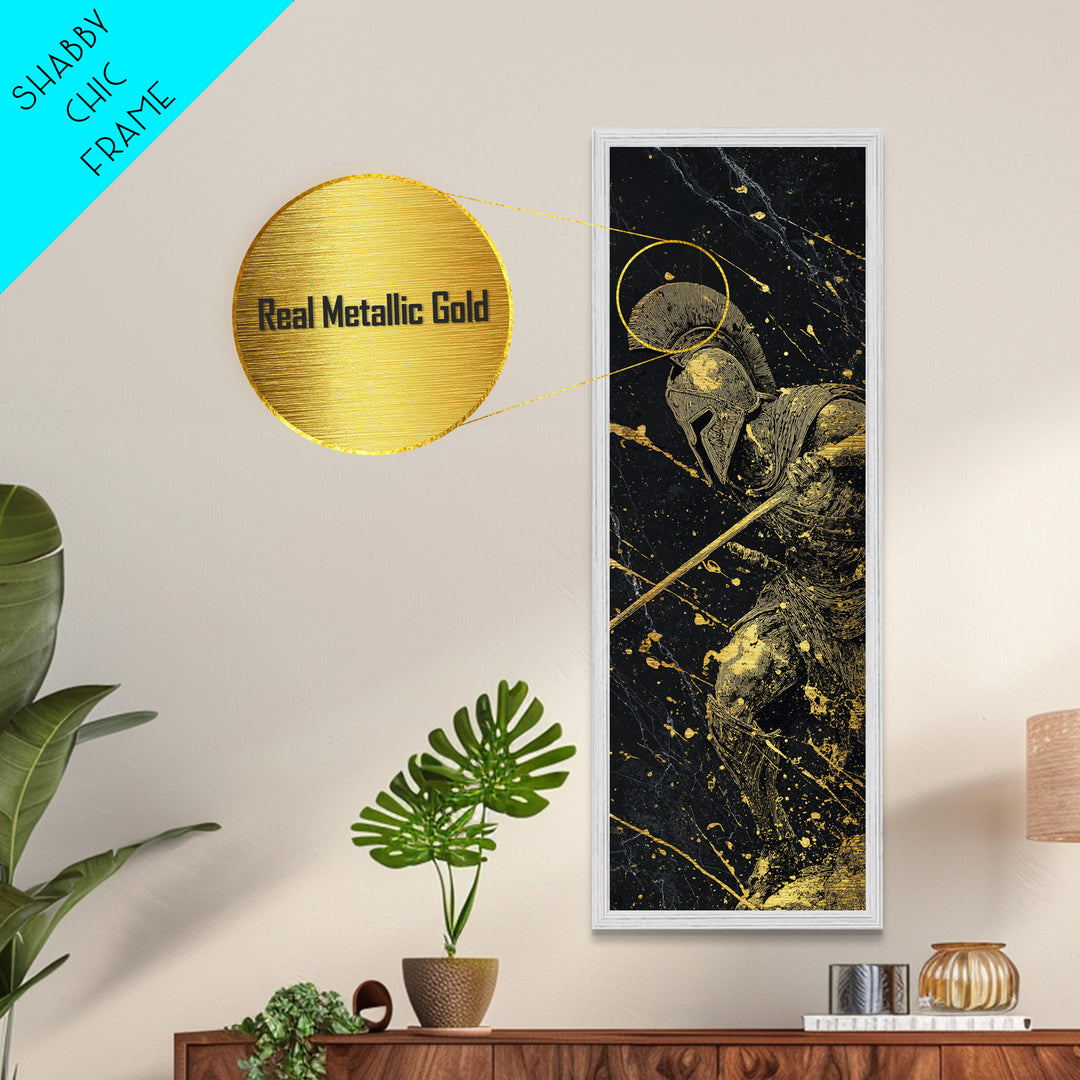 Heroic Spartan Warrior, Metallic Gold Metal Print, Ancient Greek Wall Art, Real Wood Frame Decor, Battle Ready Soldier Artwork