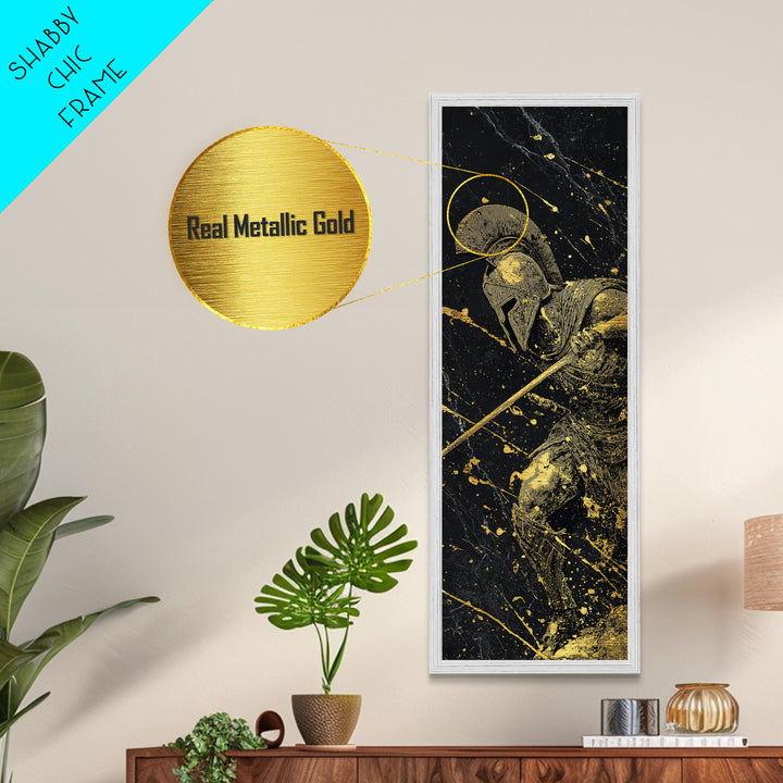 Heroic Spartan Warrior, Metallic Gold Metal Print, Ancient Greek Wall Art, Real Wood Frame Decor, Battle Ready Soldier Artwork