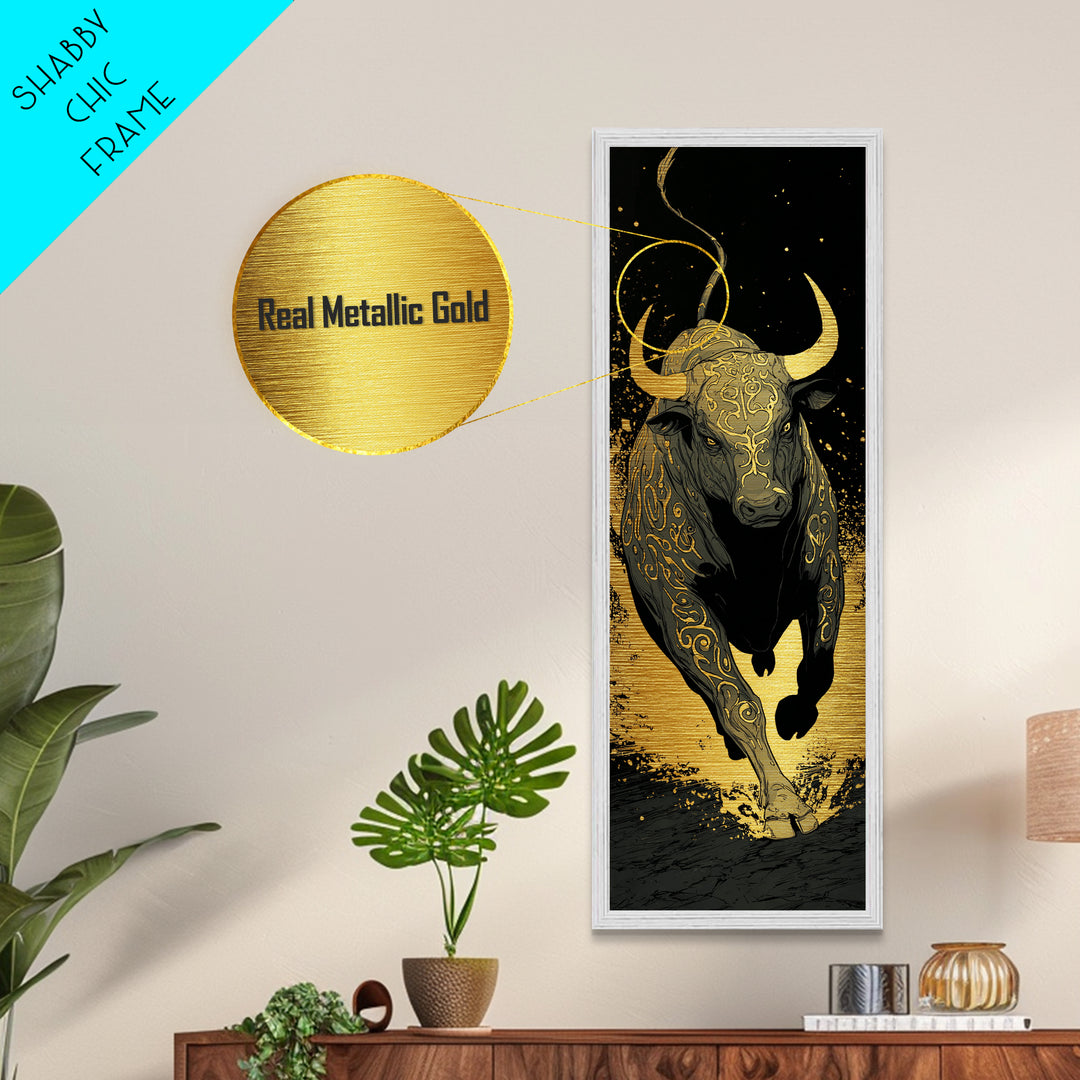 Charging Bull - Metallic Gold Wall Art - Wood Framed Metal Art, Taurus Wall Art, Golden Runic Bull Painting Print, Metal Art