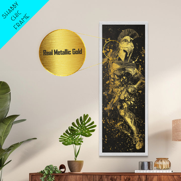 Greek Spartan In Combat, Metallic Gold Art, Warrior Metal Print Wall Decor, Real Wood Frame Artwork, Ancient Battle Hero Artwork