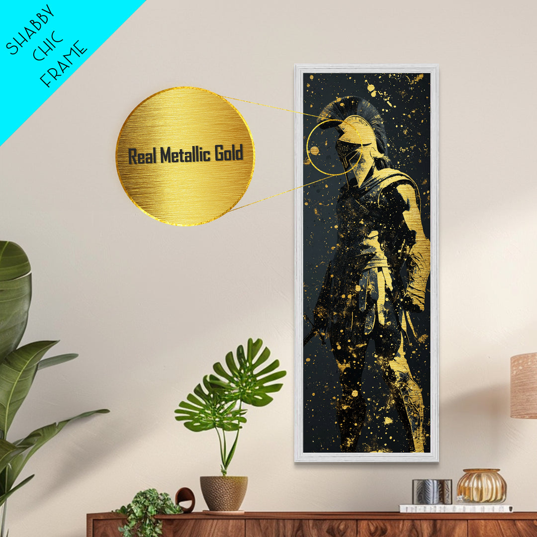 Greek Hoplite Metallic Gold Art, Ancient Spartan Warrior Print, Real Wood Frame, Mythology Inspired Wall Decor For Living Room