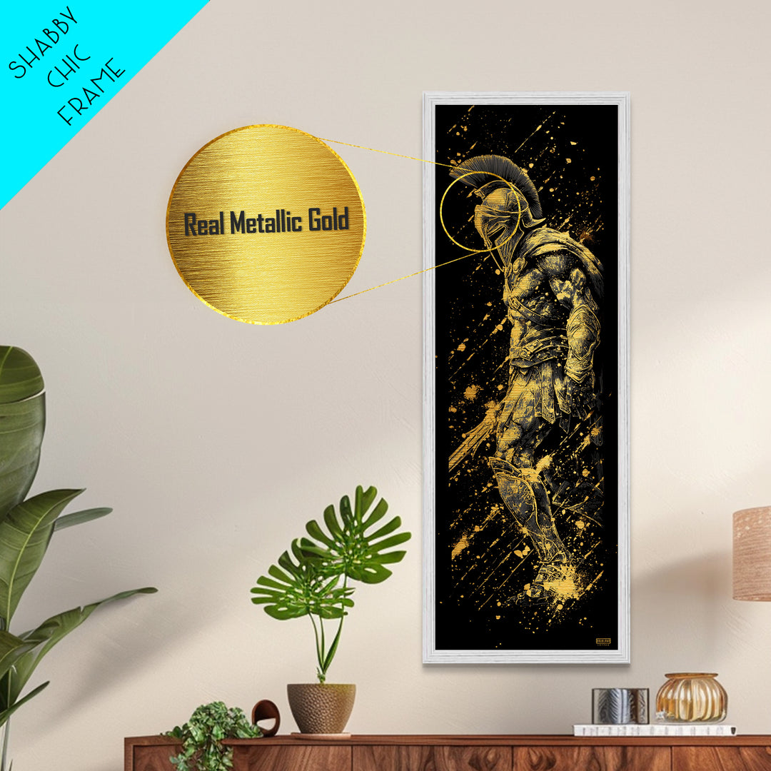 Spartan Soldier With Shield Metallic Gold Metal Print, Ancient Greek Warrior Wall Art, Real Wood Frame, Gold Gladiator Decor