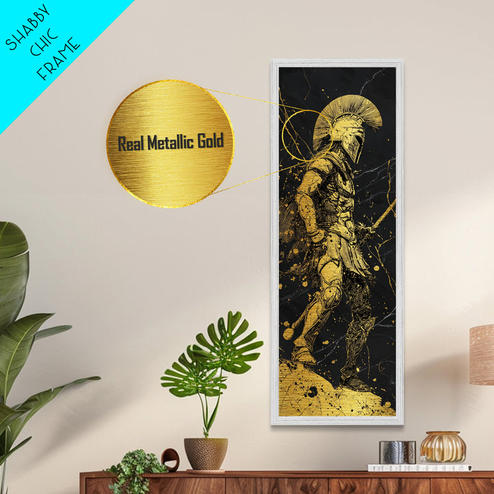 Greek Warrior Silhouette Metallic Gold Art, Ancient Spartan Wall Print, Real Wood Frame, Mythology Inspired Gold Soldier Decor
