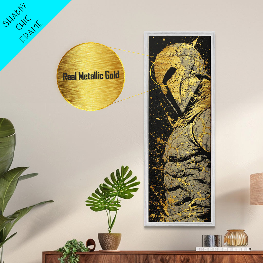 Ancient Spartan Warrior Metallic Gold Metal Print, Greek Hoplite Wall Art, Real Wood Frame, Gold Gladiator Inspired Home Decor