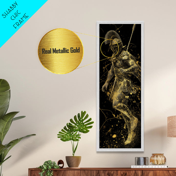 Spartan Helmet Warrior Metallic Gold Art, Ancient Greek Soldier Wall Print, Real Wood Frame, Gold Warrior Mythology Home Decor