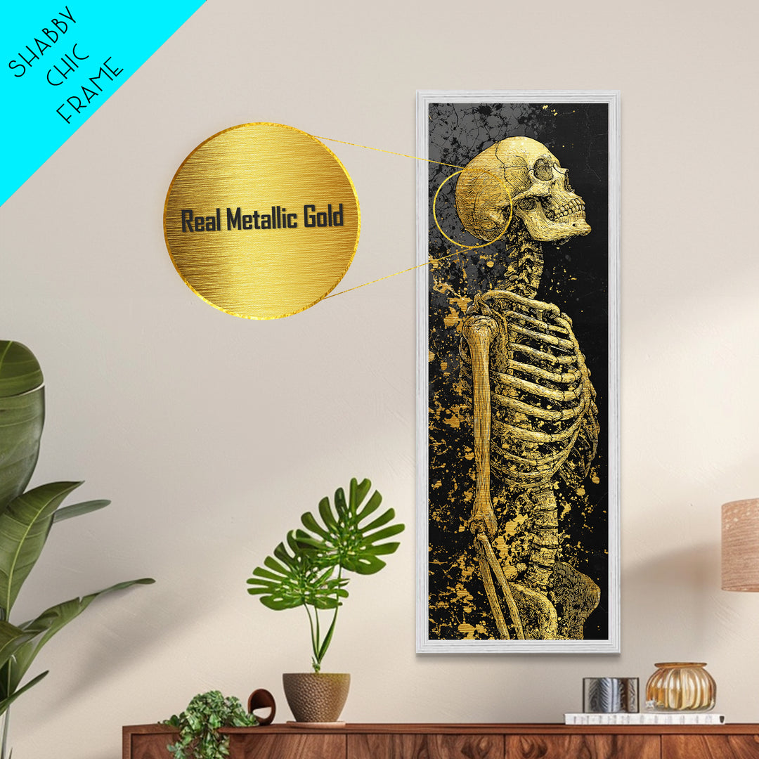 Skeleton Warrior Metallic Gold Metal Print, Gothic Anatomy Wall Art, Real Wood Frame, Gold Skeleton Decor For Dark Home Aesthetic