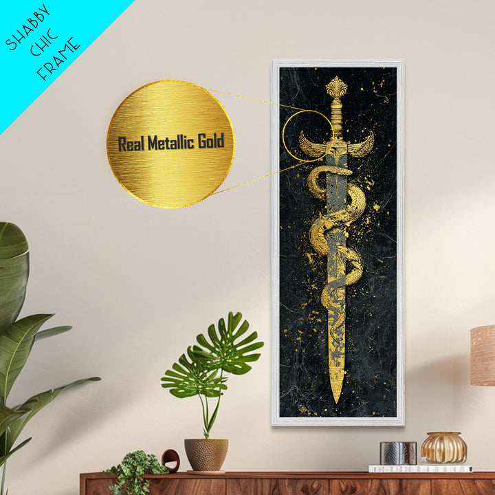 Metallic Gold Metal Print, Sword And Serpent Wall Art, Mythical Weapon Artwork, Real Wood Frame Decor