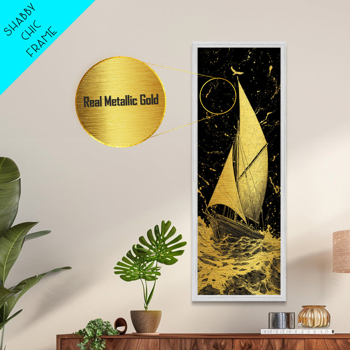 Golden Sailboat Nautical Wall Art, Metallic Gold Painting Print, Wood Framed Wall Art, Sail Boat Painting Print, Metallic Gold Painting