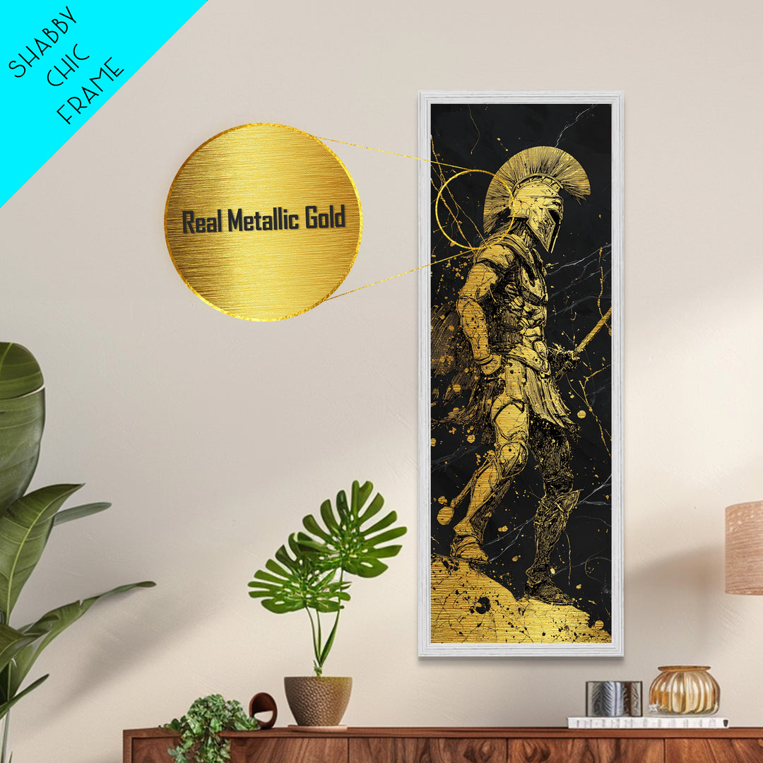 The Spartan Warrior Wood Framed Metal Print, Metallic Gold Art, Black and Gold Marble Background, Gift Idea For Man, Husband Gift