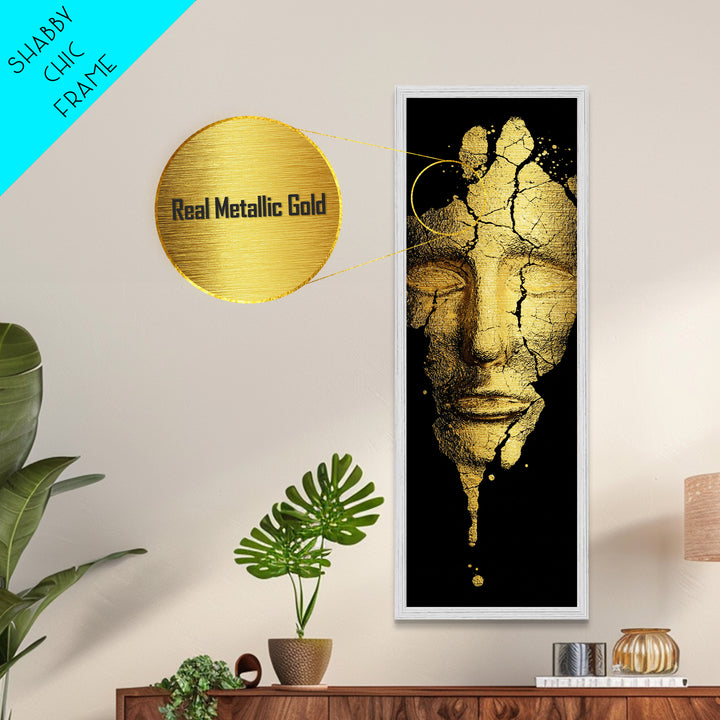 Metallic Gold Metal Print, Cracked Golden Mask Wall Art, Mythical Face Artwork, Real Wood Frame Decor