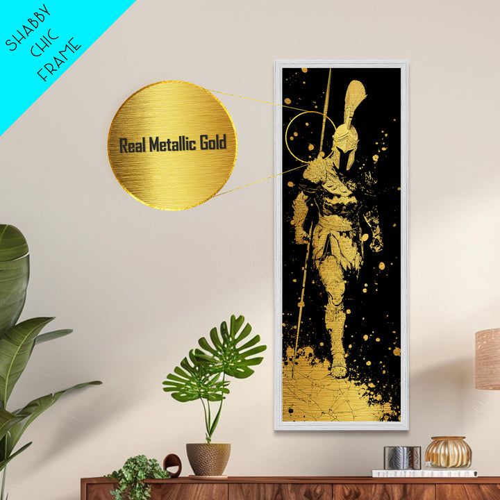 Metallic Gold Art, Greek Warrior Spear Print, Spartan Armor Wall Decor, Real Wood Frame Home Artwork