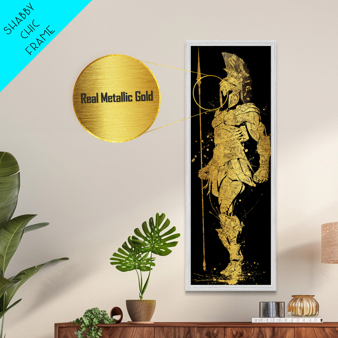 Metallic Gold Metal Print, Spartan Hoplite Warrior Art, Ancient Greece Wall Decor, Real Wood Frame