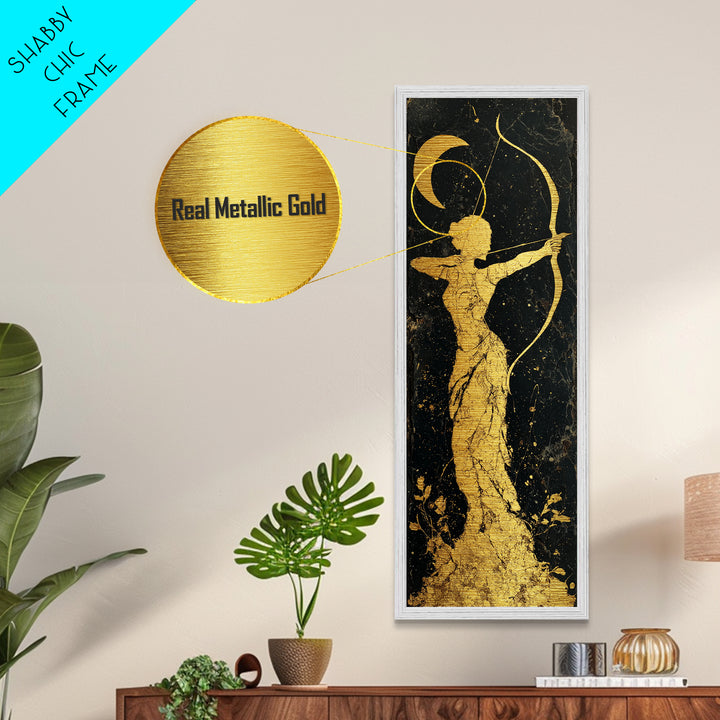 Metallic Gold Art, Artemis Moon Goddess Print, Bow And Arrow Wall Decor, Real Wood Frame Greek Artwork