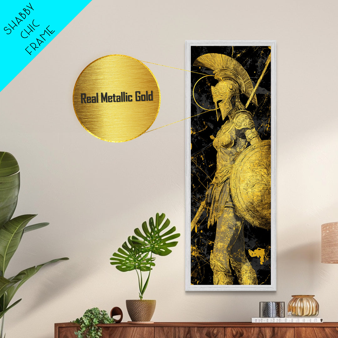 Metallic Gold Art, Athena Warrior Goddess Print, Shield And Sword Wall Decor, Real Wood Frame Decor