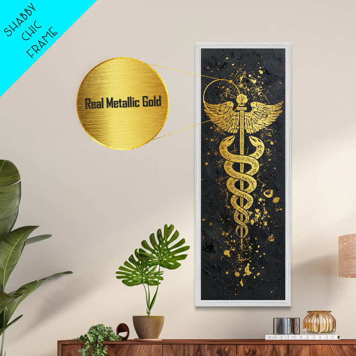 Metallic Gold Metal Print, Caduceus Serpent Staff Wall Art, Hermes Symbol Decor, Real Wood Frame Artwork