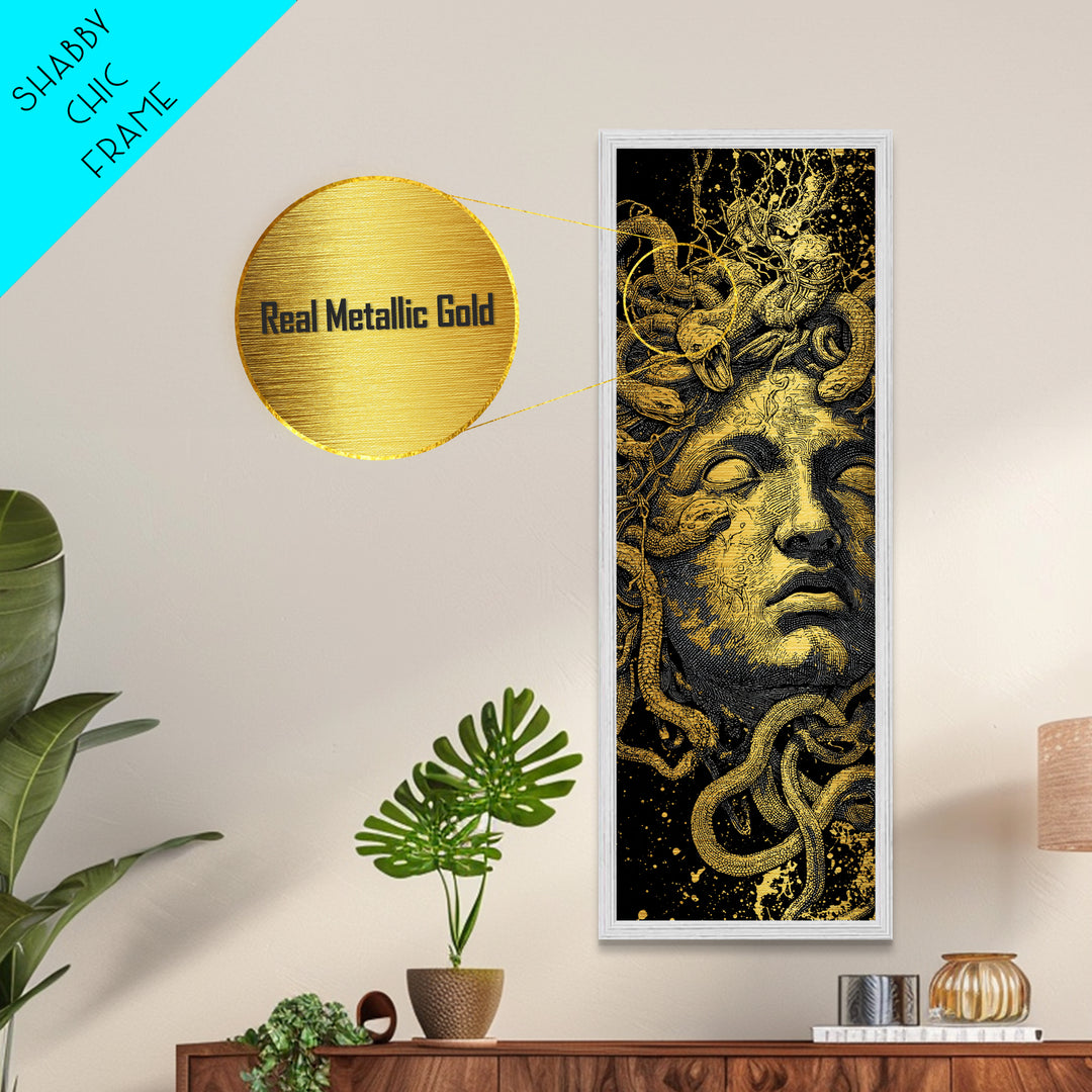 Medusa Metallic Gold Art, Greek Mythology Wall Print, Serpent Goddess Decor, Real Wood Framed Gold Mythical Artwork