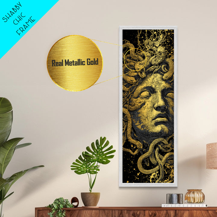 Medusa Metallic Gold Art, Greek Mythology Wall Print, Serpent Goddess Decor, Real Wood Framed Gold Mythical Artwork