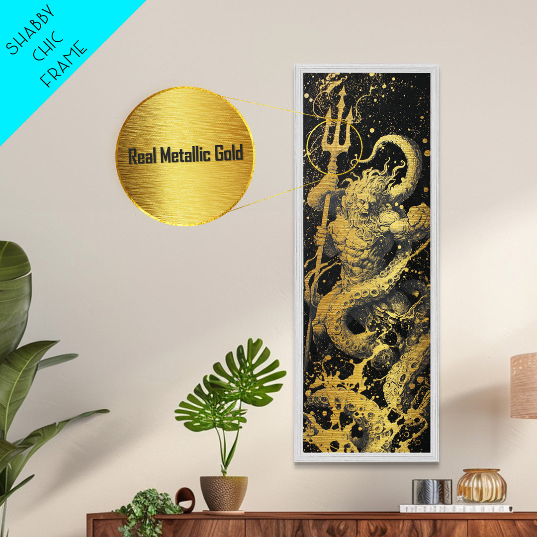 Poseidon Metallic Gold Art, Greek God Of The Sea Metal Print, Mythology Ocean Decor, Real Wood Framed Gold Artwork