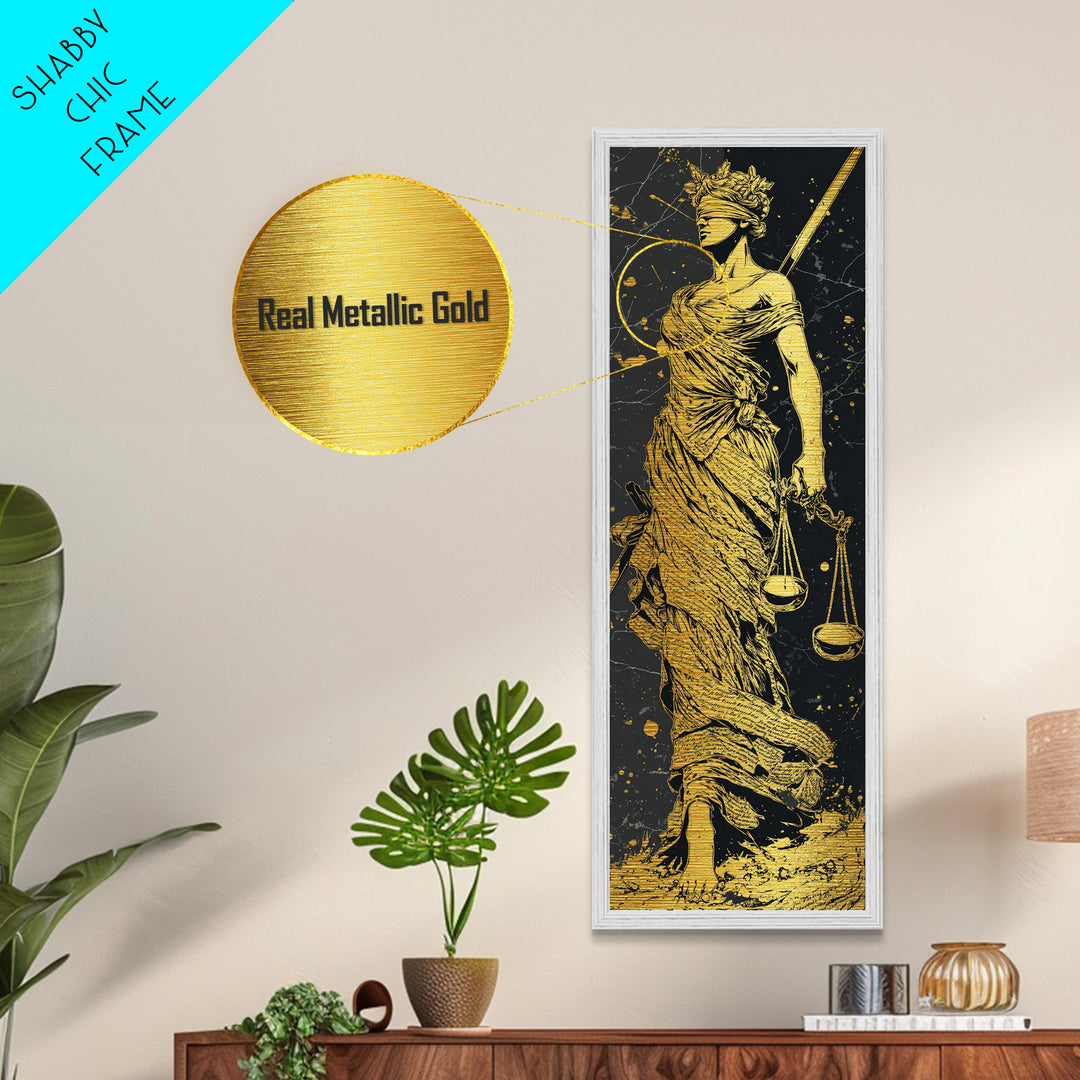Themis Goddess Of Justice Metallic Gold Metal Print, Blindfolded Lady Justice Wall Art, Scales Of Balance Decor, Real Wood Frame